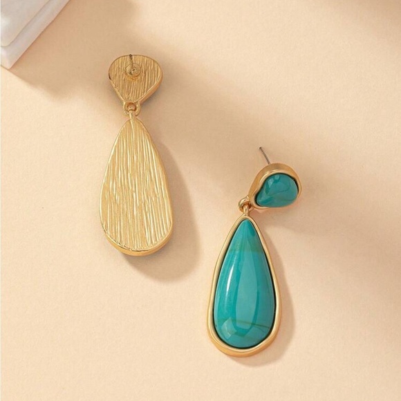 Gold Turquoise Teardrop Shaped Geometric Summer Statement Earrings - Picture 2 of 6